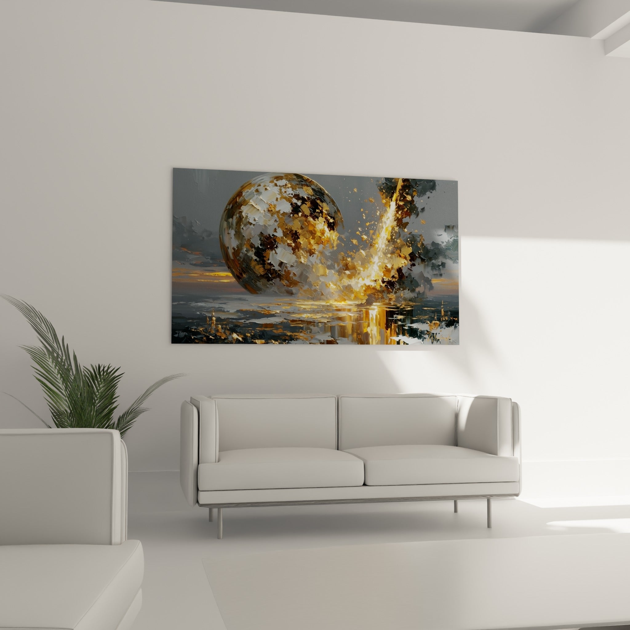 Impact cosmique doré et gris jaillissant sur toile, disposé au-dessus d'un canapé dans un salon lumineux