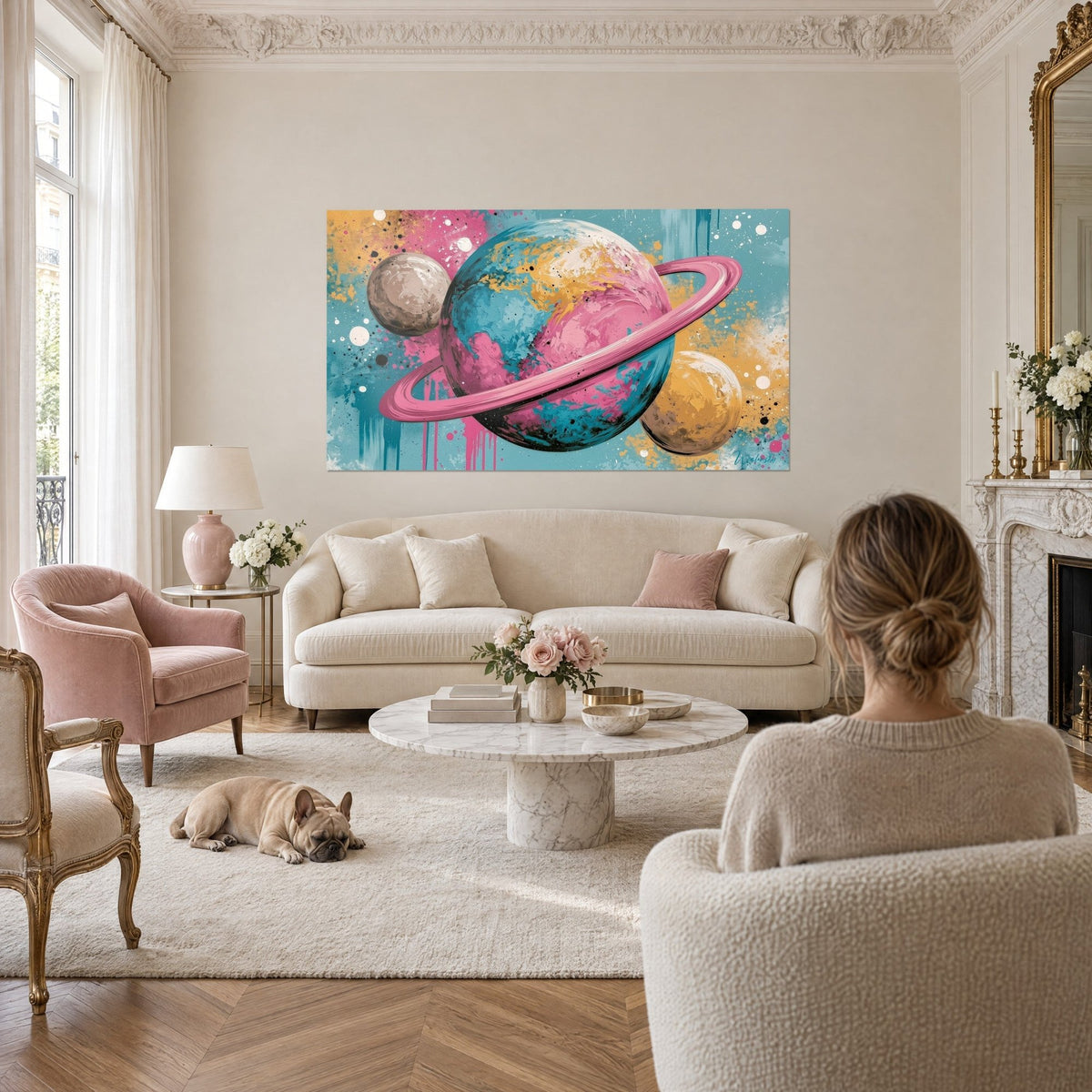 Gemälde Saturn-Planet in Rosa und Türkis mit ockerfarbenen Spritzern, über einem Sofa in einem hellen Wohnzimmer