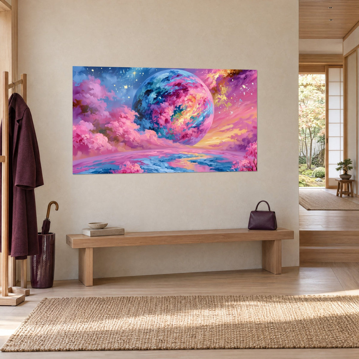 Tableau globe céleste aux coups de pinceau roses et bleu cobalt, nuages ouatés, reflets dorés sur l'eau, vu de trois-quarts près d'un banc