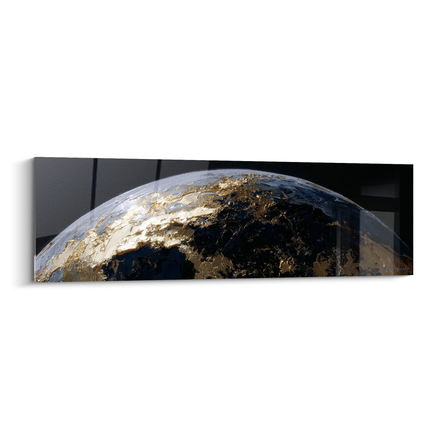 Tableau Sphère noire et dorée aux craquelures texturées - Courbe fissurée métallique - Edition Planète