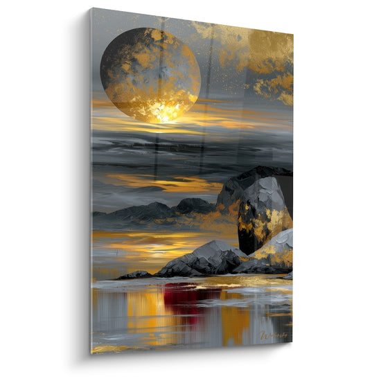 Tableau Sphère dorée et grise sur rochers cambrés - Reflet rouge sur l'eau - Edition Planète