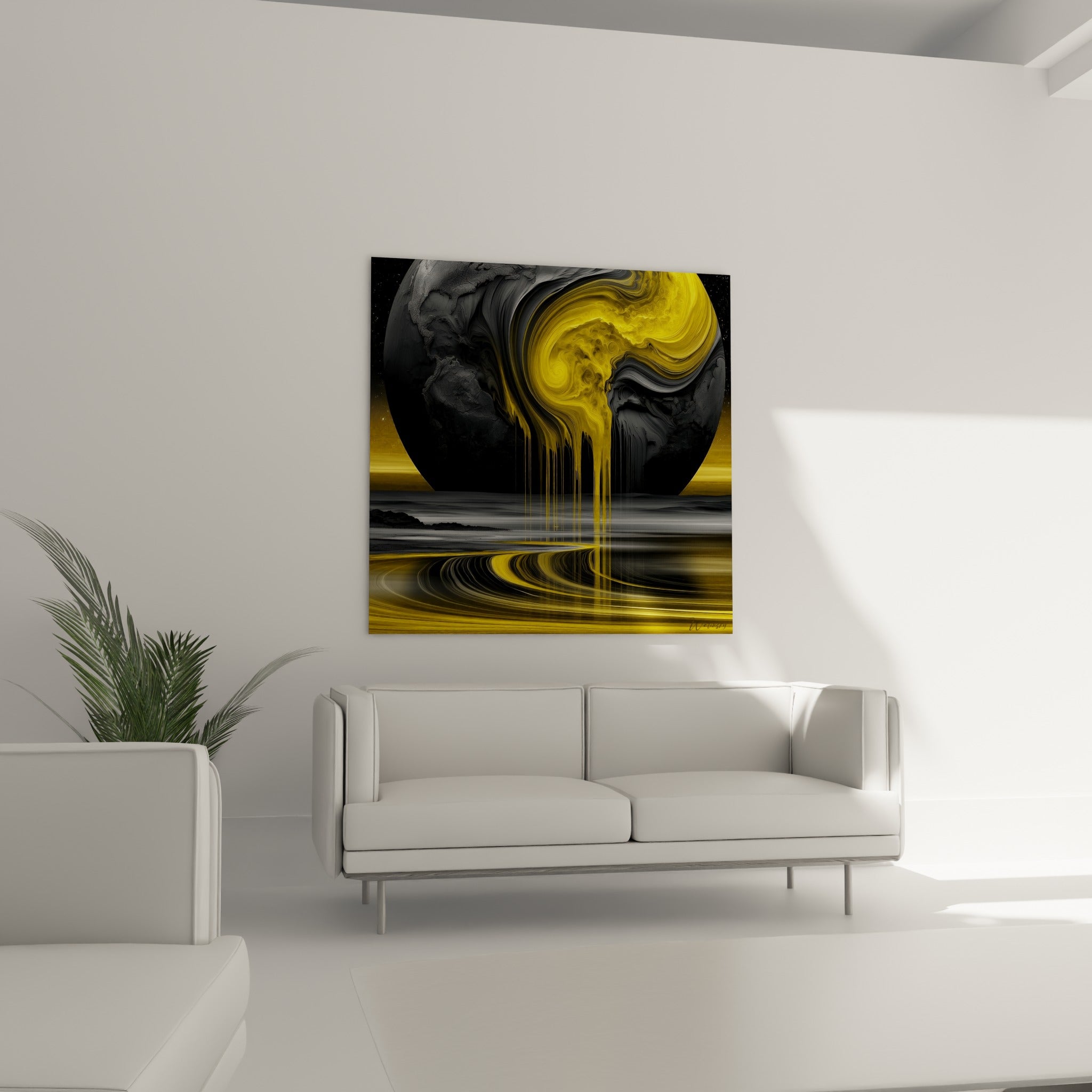Astre gris et jaune se liquéfiant en volutes dorées, au-dessus d'un canapé dans un salon lumineux