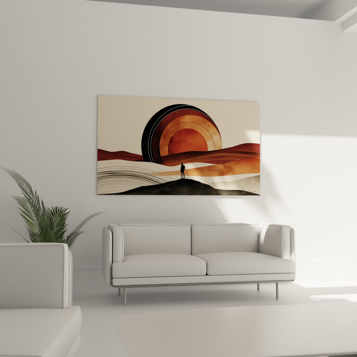 Planète ocre et brune aux anneaux graphiques, personnage minuscule, au-dessus d'un canapé dans un salon lumineux