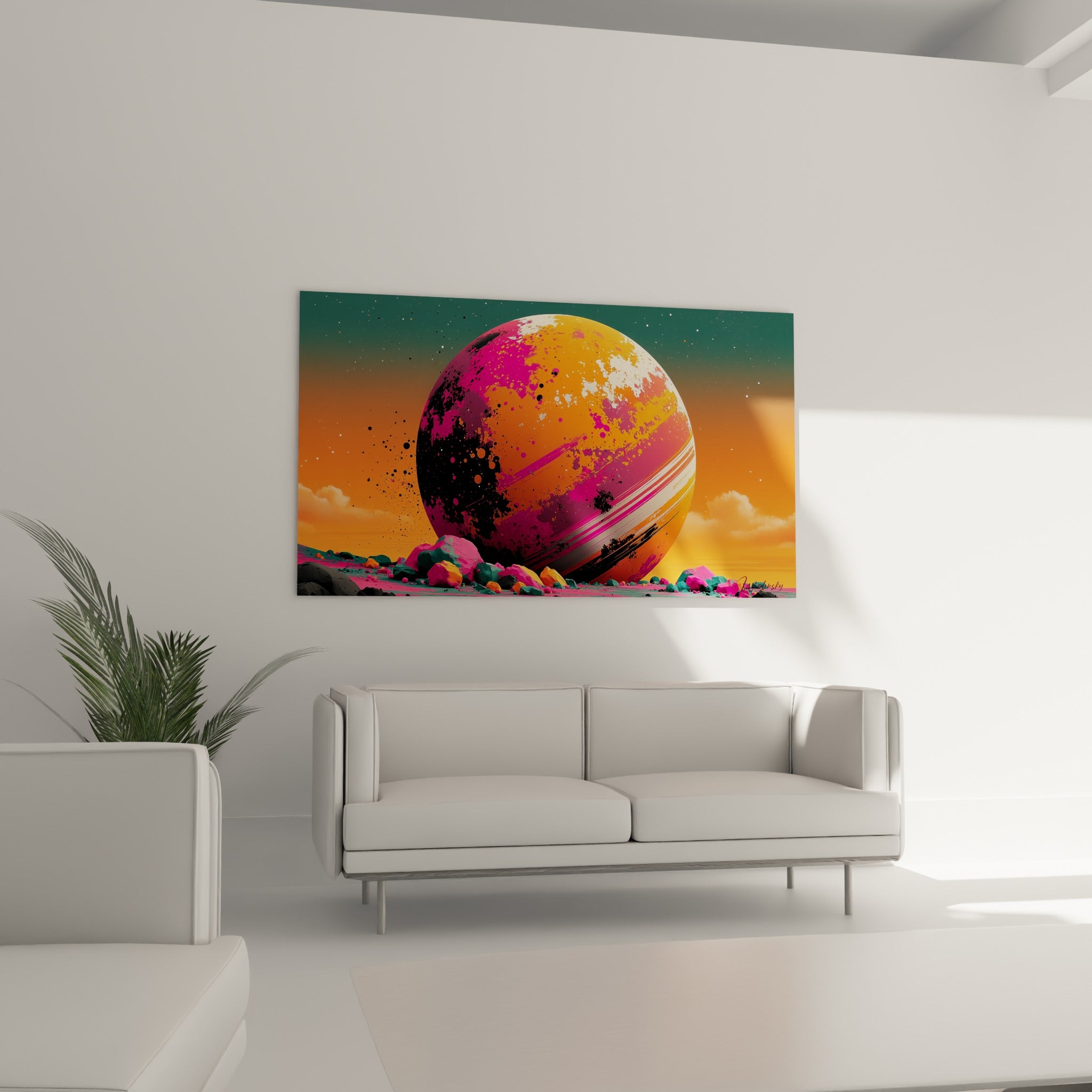 Planète orange striée de rose et de noir, suspendue au-dessus d'un canapé dans un salon lumineux