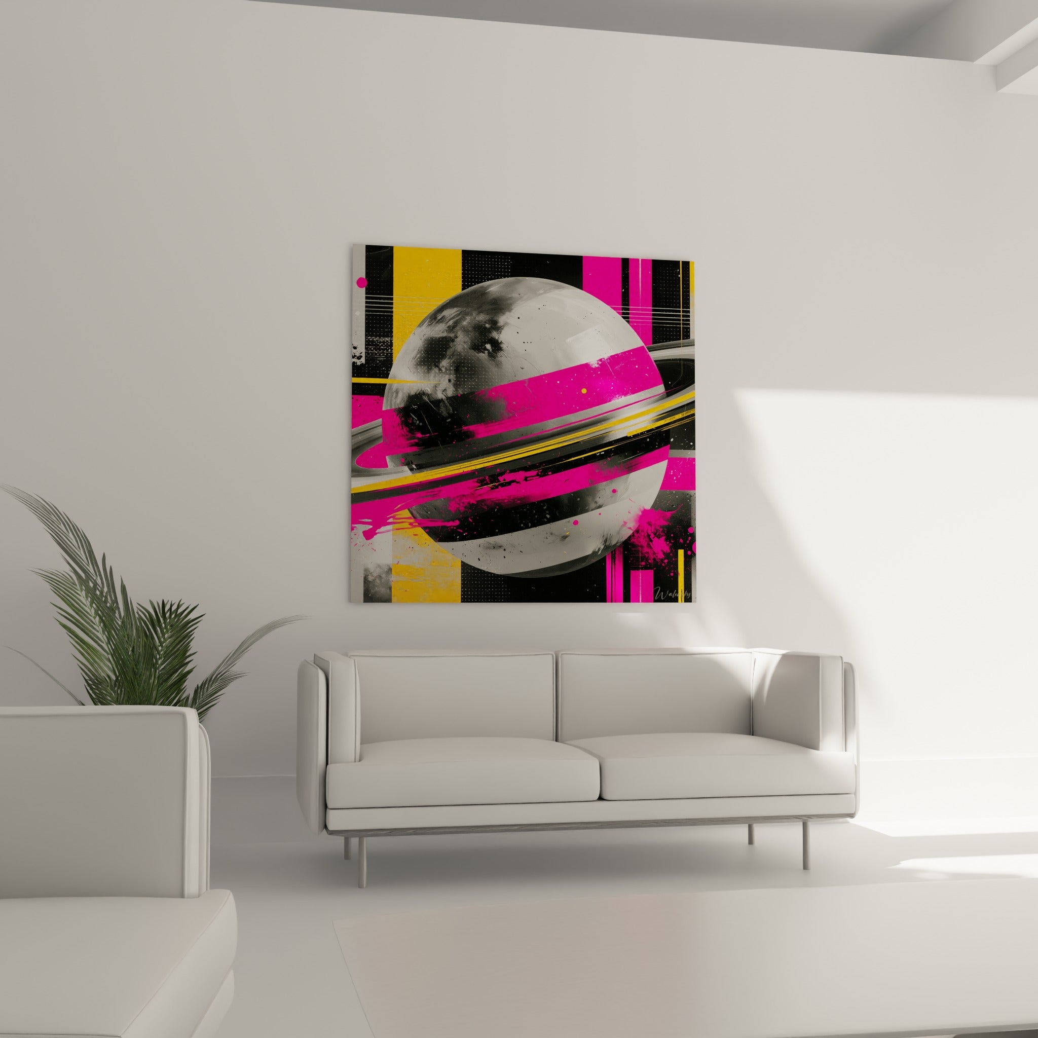 Anneau fuchsia éclaboussé de noir entourant une planète grise, au-dessus d'un canapé dans un salon lumineux