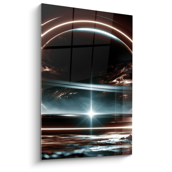 Tableau Planète cerclée bronze et bleu nuit étoile éclatante - Reflets sur eau sombre - Edition Planète