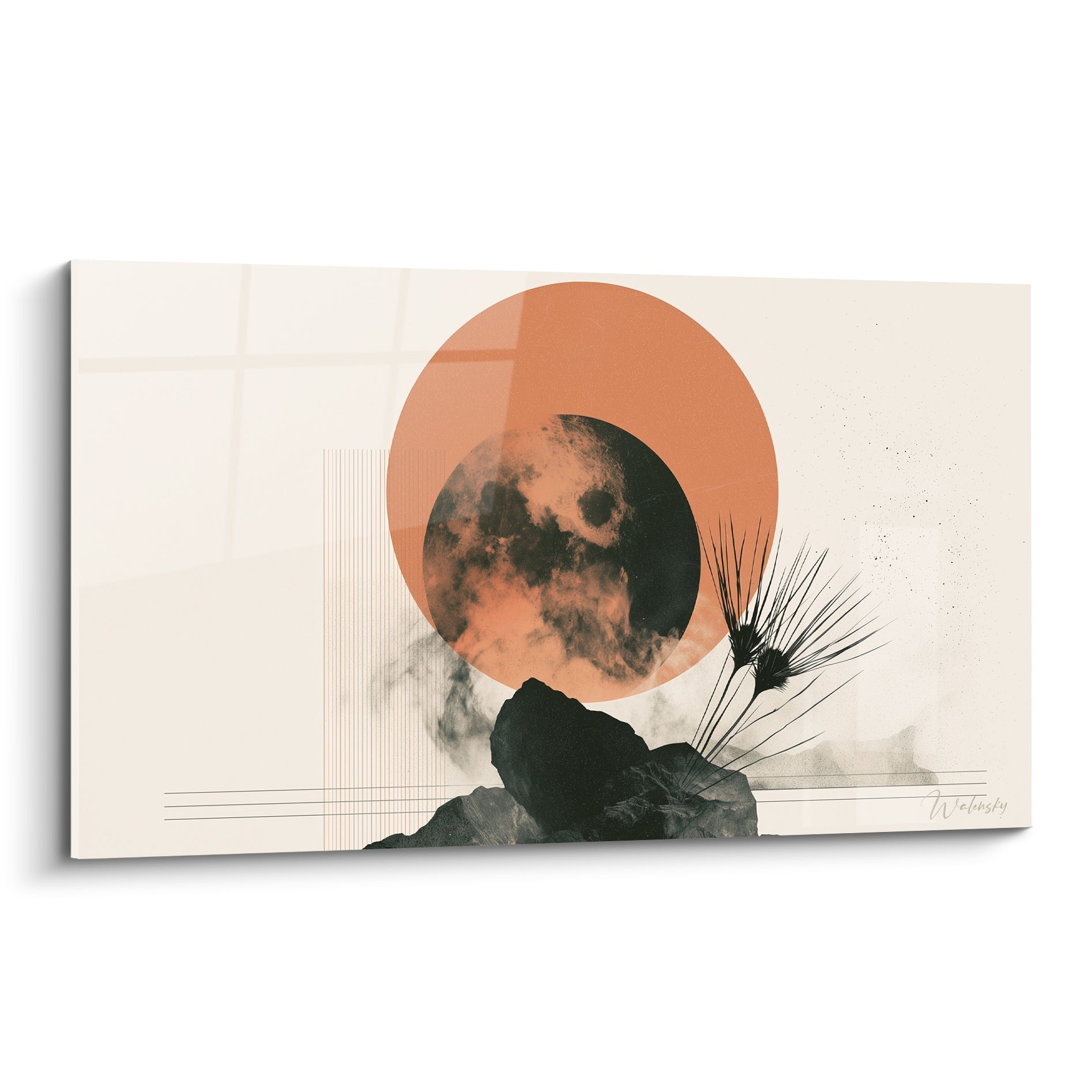 Éclipse terracotta et sphère anthracite au-dessus d'un rocher noir et d'herbes sèches graphiques