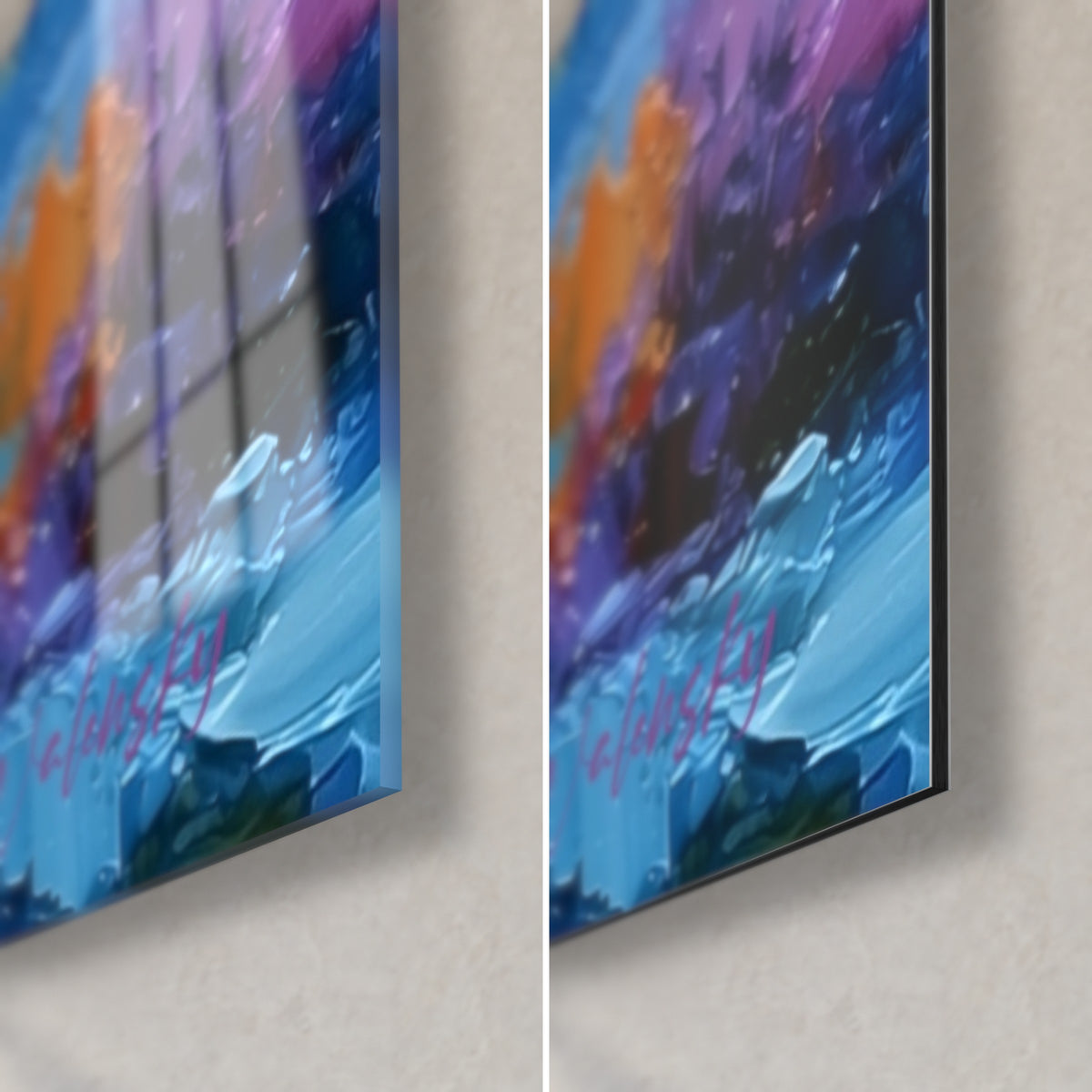 Gemälde blauer Himmelskörper in Spachteltechnik, untere rechte Ecke: glänzendes Acrylglas links, mattes Dibond rechts, 3 mm Kante