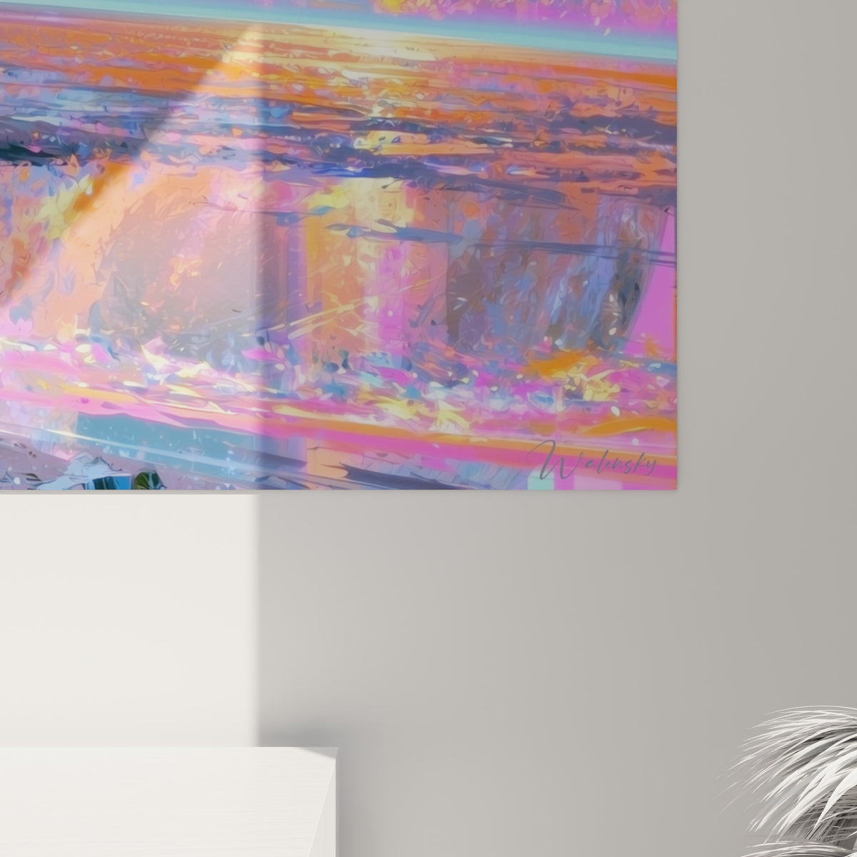 Empâtements orange, violet et bleu turquoise se mêlant en éclats lumineux sur la surface de la planète