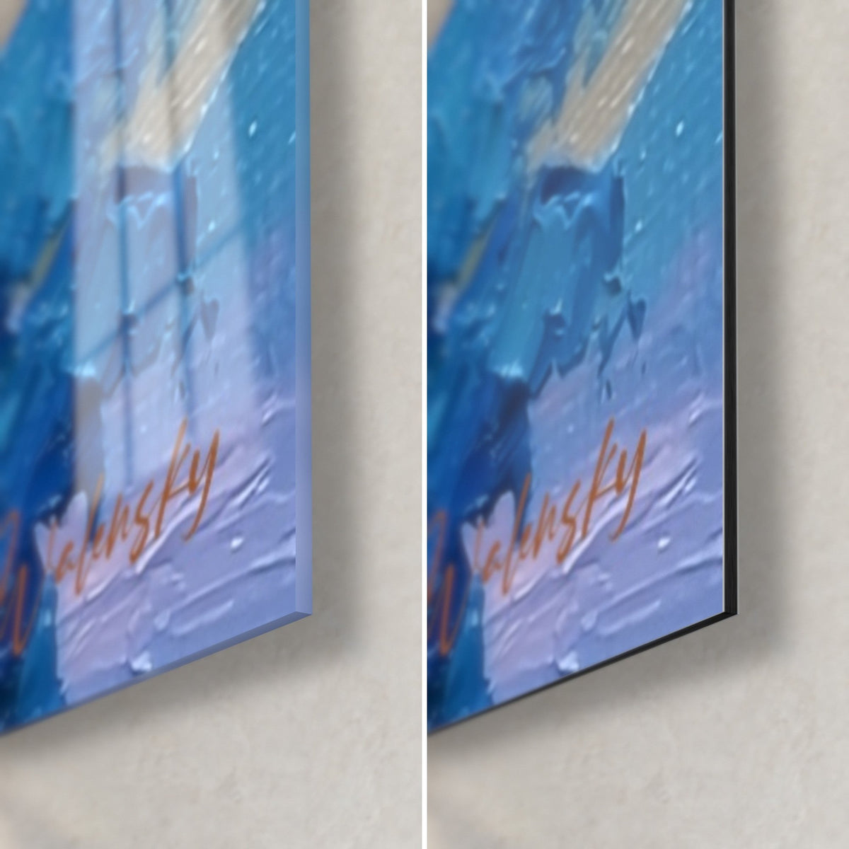 Wall art blue and cream celestial body in thick impasto, bottom right corner: glossy acrylic glass reflecting the window, matte Dibond aluminium, 3 mm thickness