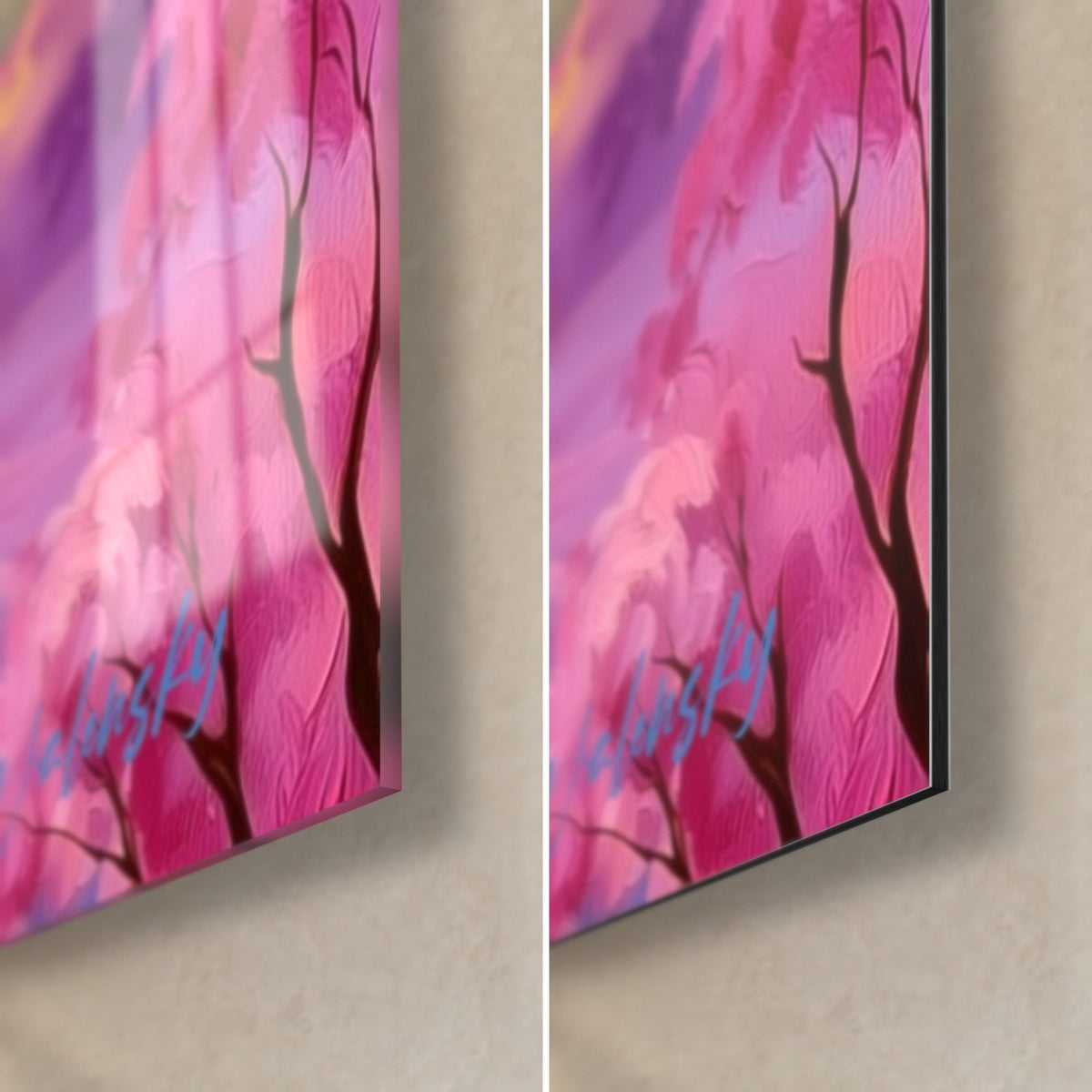 Tableau branche de cerisier en fleurs rose vif, coin bas droit : verre acrylique brillant à gauche, alu Dibond mat à droite, tranche de 3 mm