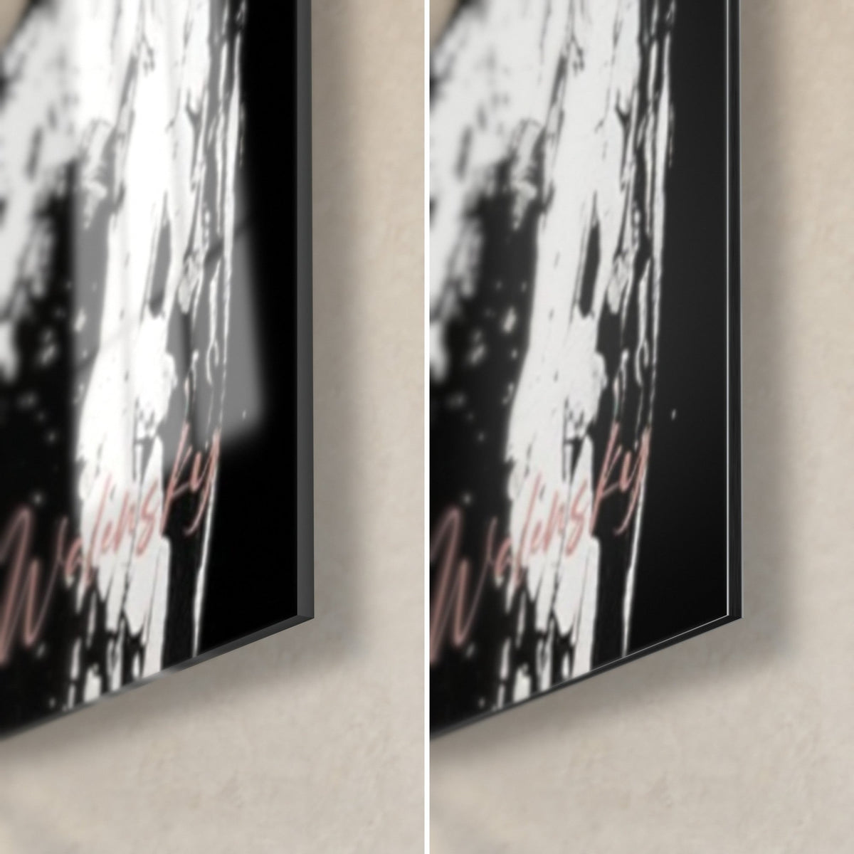 Tableau monde nacré, coin bas droit : verre acrylique brillant aux reflets argent, alu Dibond noir mat, tranche de 3 mm