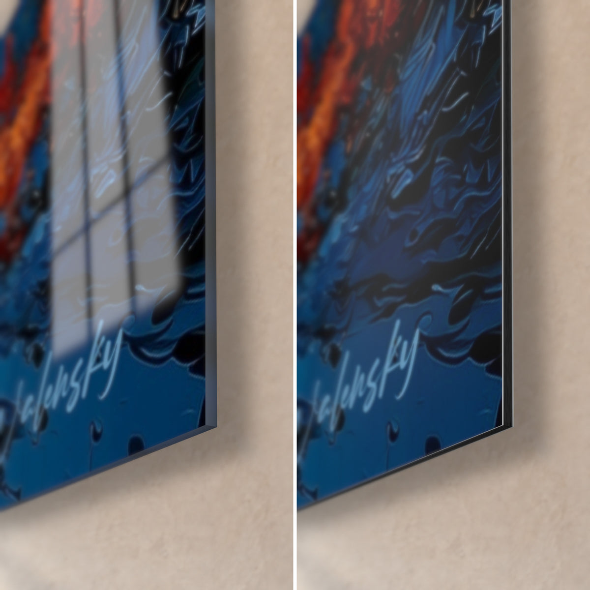 Tableau vortex cosmique en coup de couteau, coin bas droit : verre brillant bleu nuit à gauche, alu Dibond mat à droite