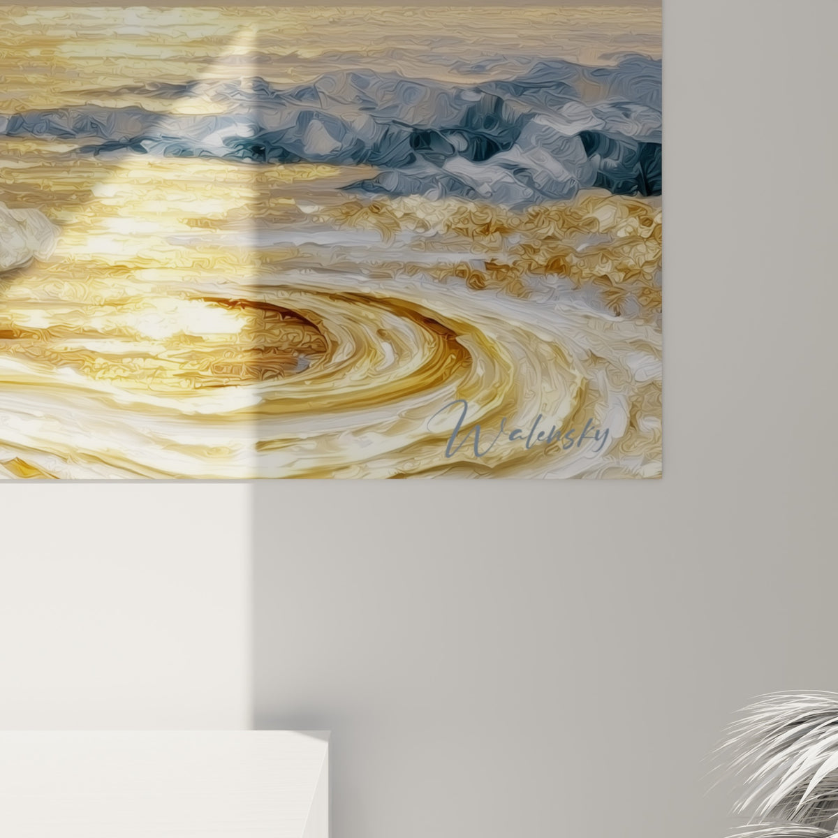 Empâtements dorés et coulures anthracite se mêlant en tourbillons denses sur la toile de la planète