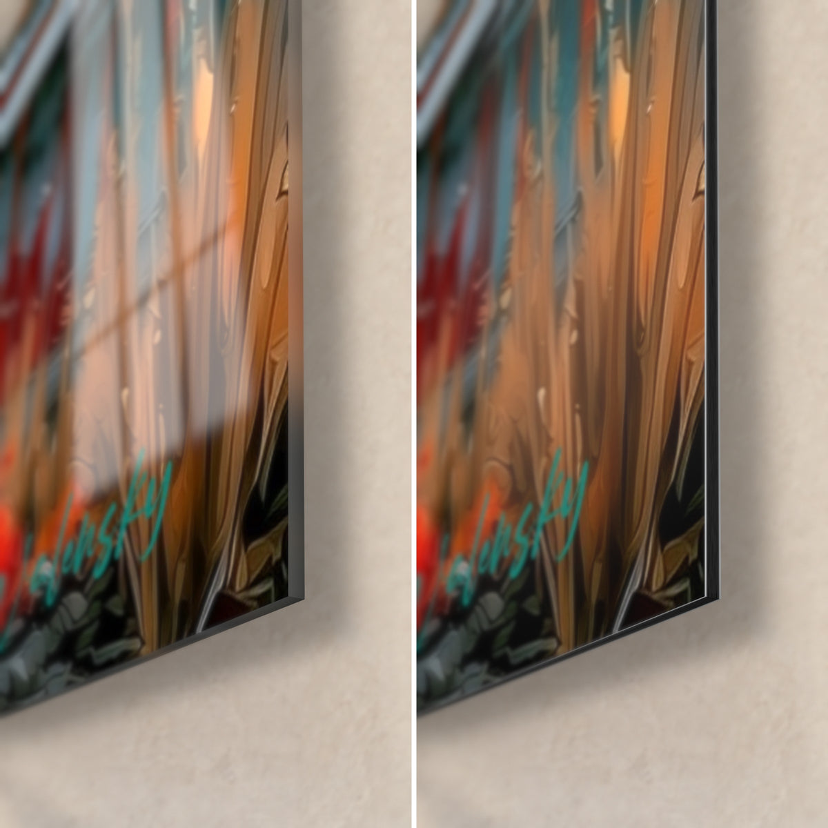 Tableau astre orange et turquoise, coin bas droit en verre brillant à gauche, alu Dibond mat à droite, roseaux dorés et tranche de 3 mm