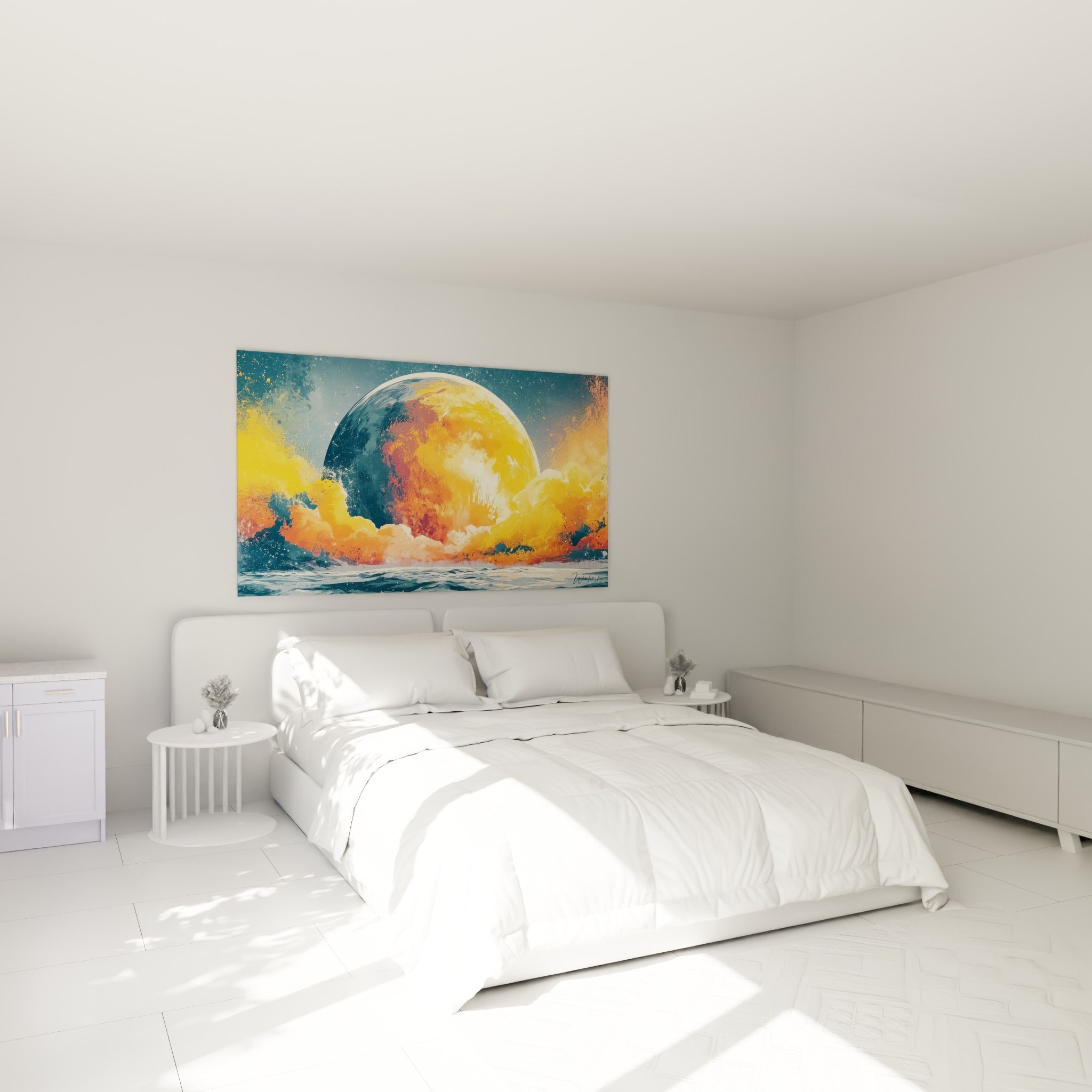 Sphère orangée et bleu marine en éruption cosmique, au-dessus d'un lit dans une chambre claire