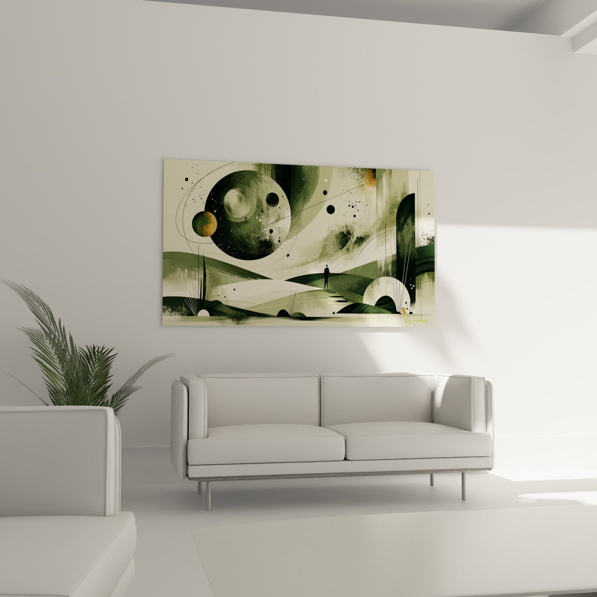 Escalier et silhouette de ce tableau Planète anthracite au-dessus d'un canapé dans un salon lumineux