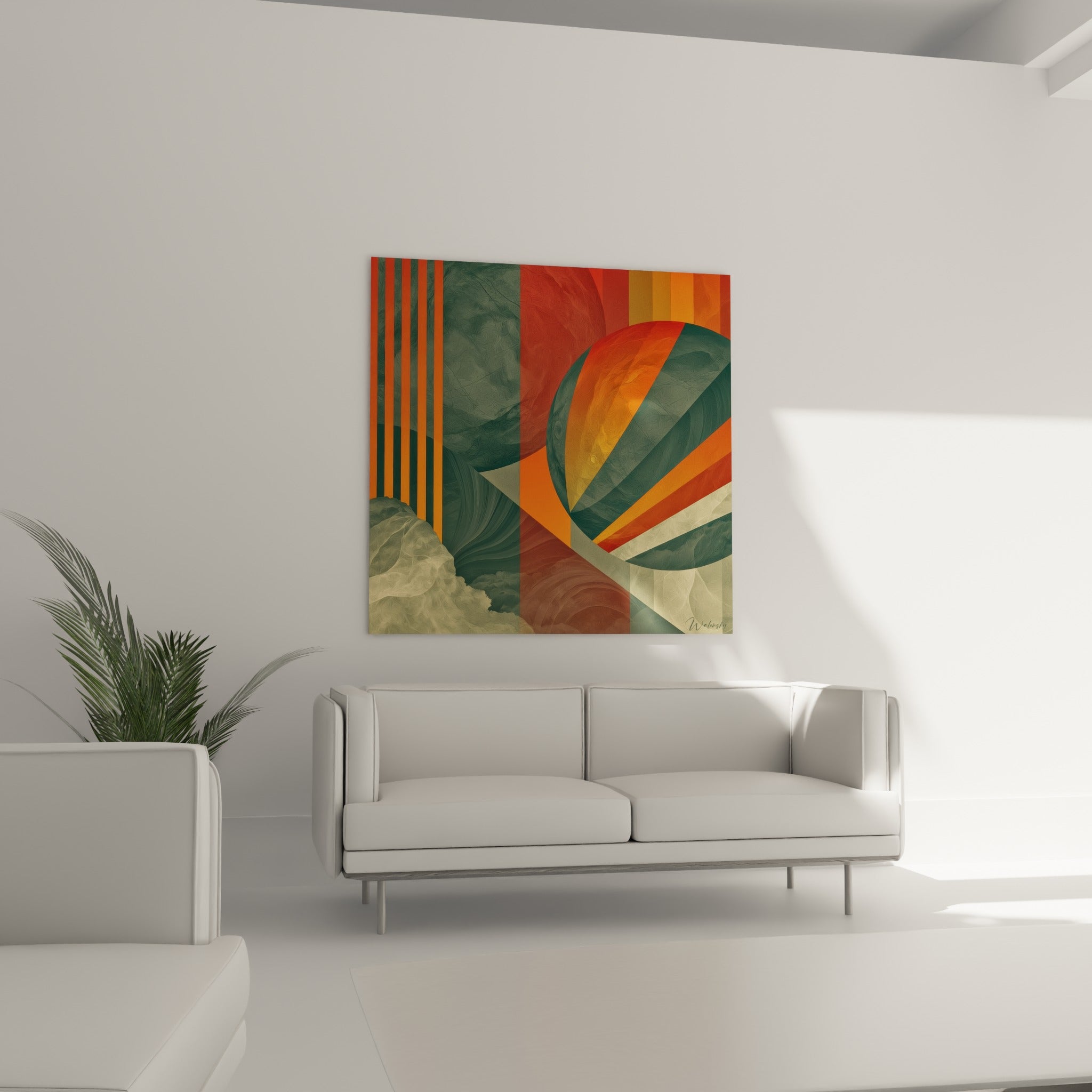 Éventail coloré vert et corail de cette œuvre Planète au-dessus d'un canapé dans un salon lumineux