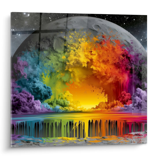 Planète grise cerclée d'une explosion turquoise, orange et magenta aux coulures liquides sur fond étoilé