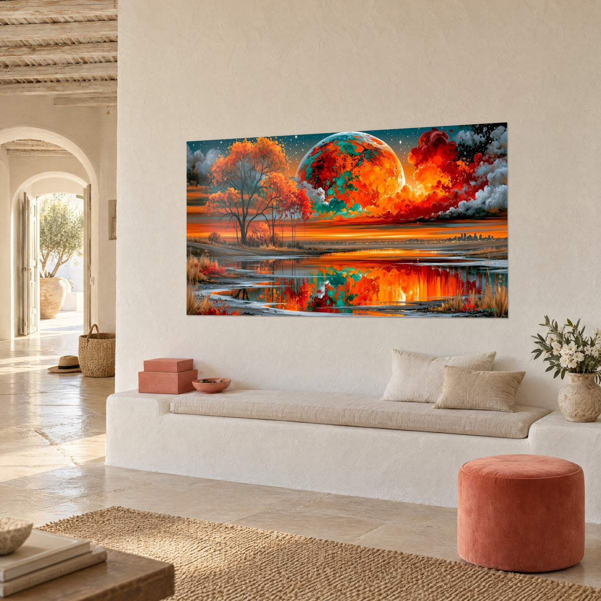 Tableau lune immense mouchetée de turquoise et de rouge, arbre aux feuilles ocre et reflets dans l'eau, mur blanc d'une maison méditerranéenne