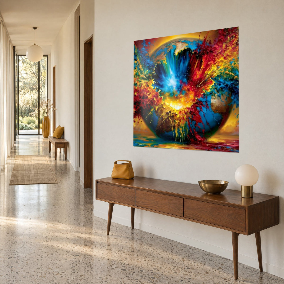 Cuadro globo terráqueo en erupción de pintura cobalto y escarlata, núcleo amarillo incandescente, en un pasillo de suelo moteado