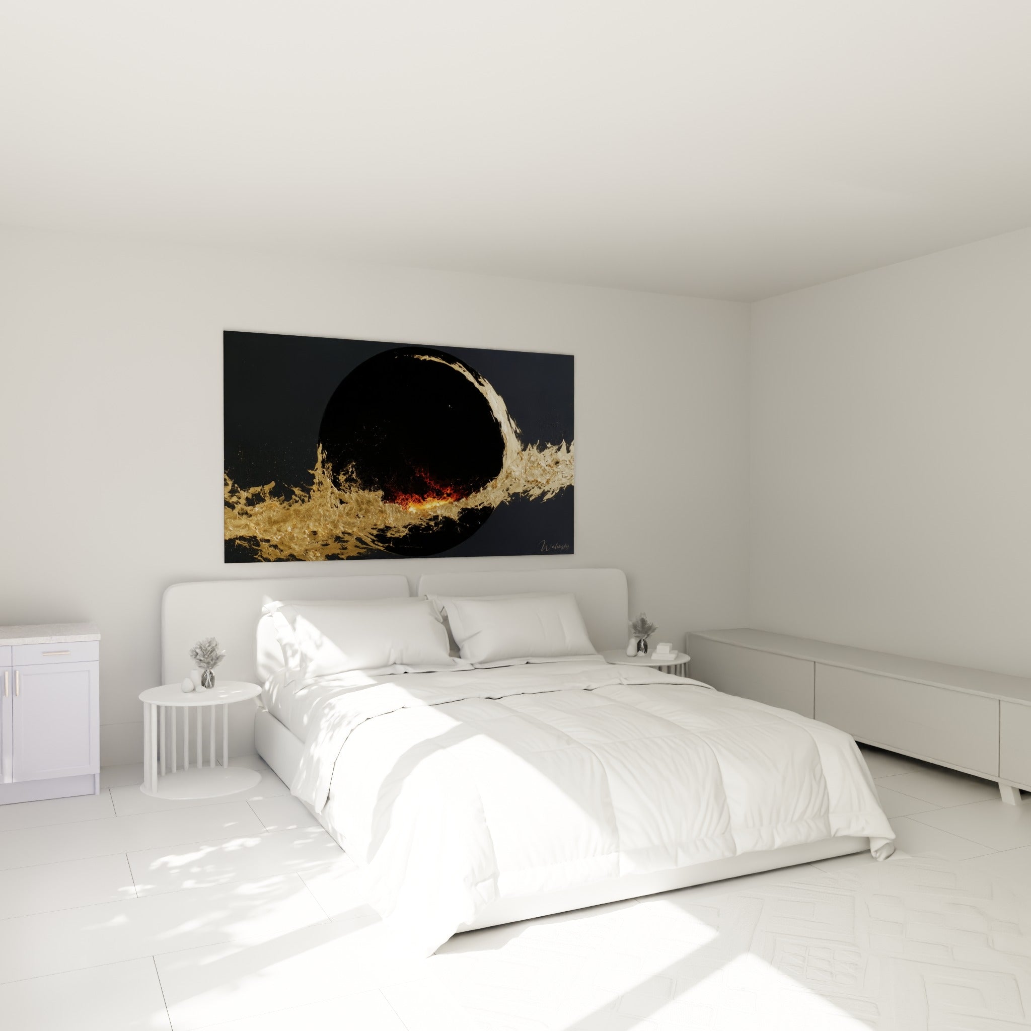 Explosion dorée sur fond anthracite, tableau Planète accroché au-dessus d'un lit dans une chambre claire