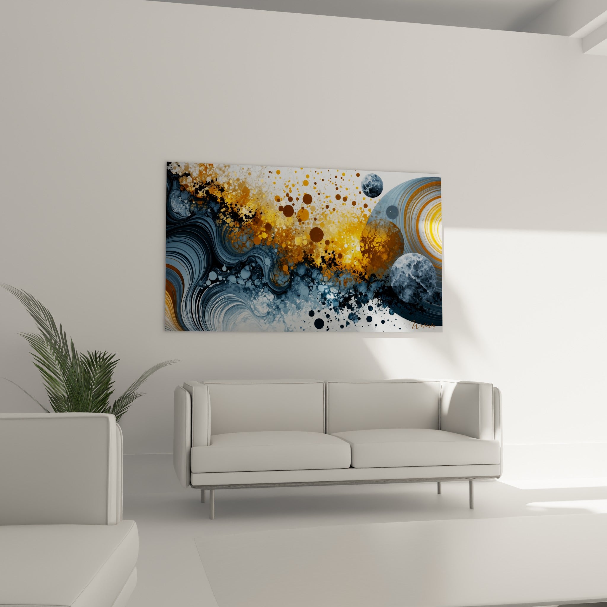 Explosion cosmique ocre et bleu marine, tableau planète accroché au-dessus d'un canapé dans un salon lumineux.