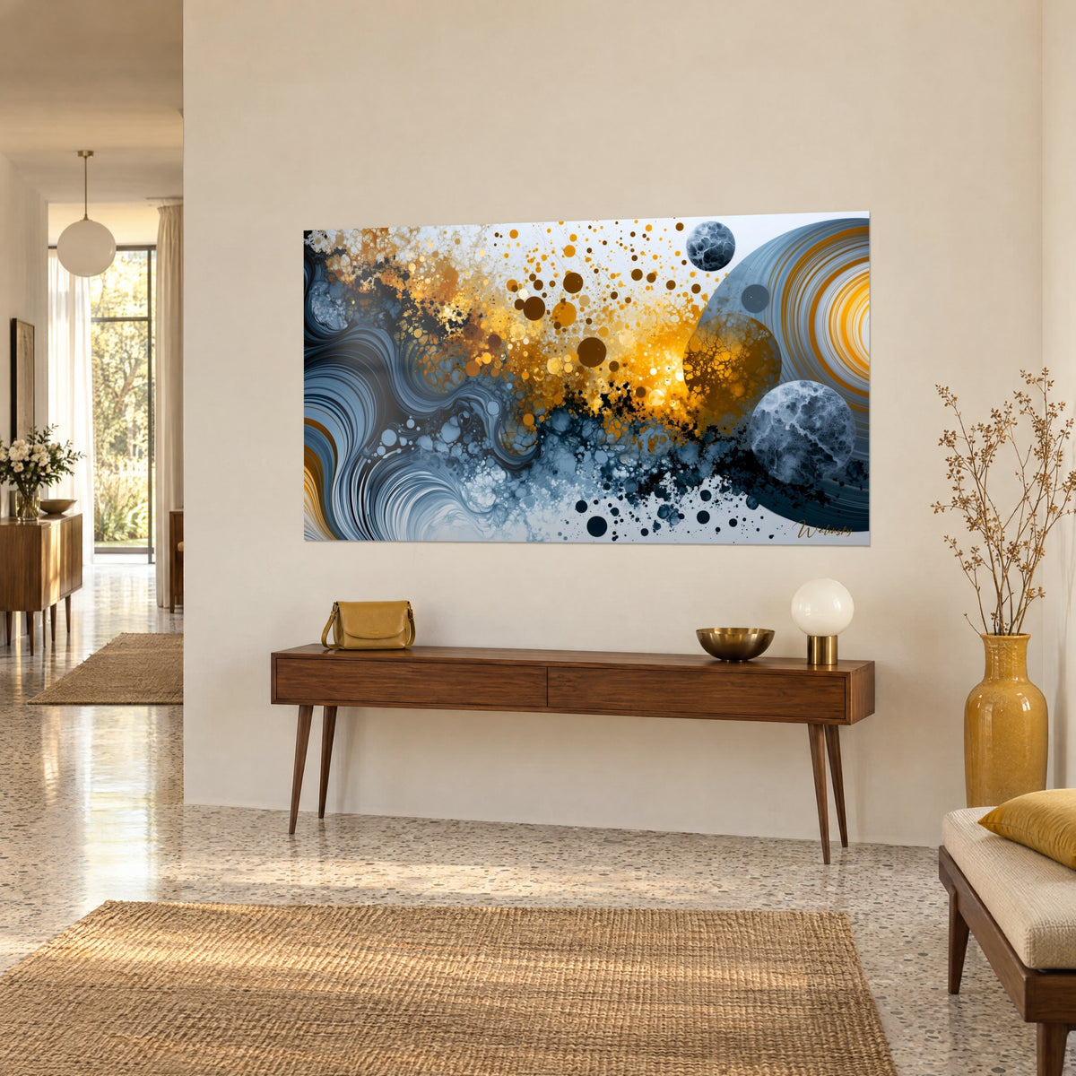 Schilderij sterrenbeeld van mosterdgele bellen, grijsblauwe spiralen en berijpte manen, driekwart zicht boven een houten console