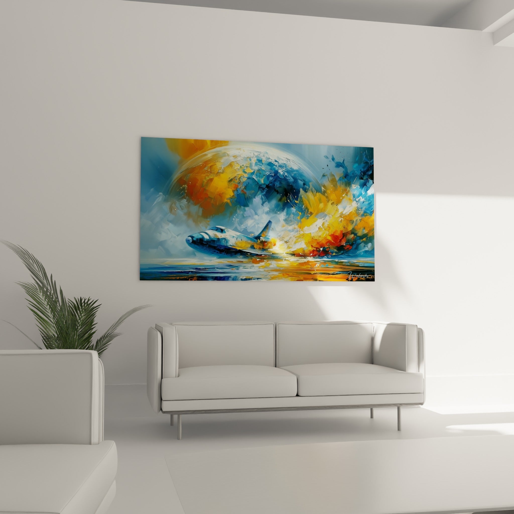 Vaisseau bleu et blanc glissant dans un tourbillon ocre et bleu marine, au-dessus d'un canapé dans un salon lumineux