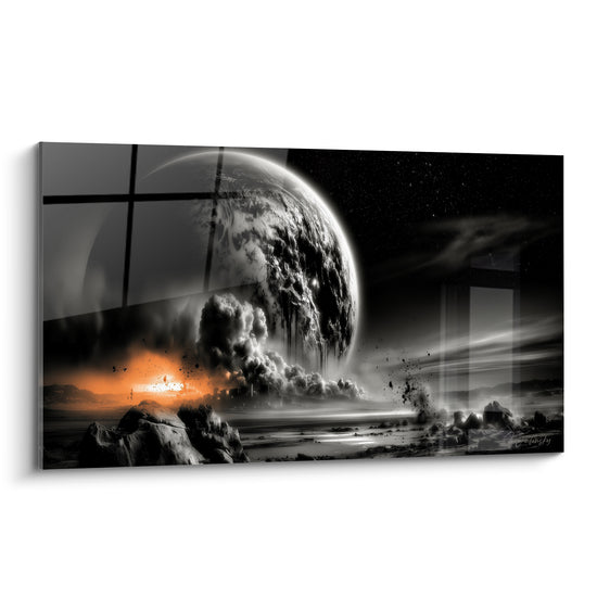 Planète grise en explosion orange sur sol rocheux anthracite, style science-fiction dramatique