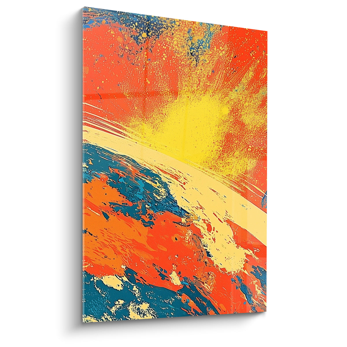 Éruption solaire jaune et orange traversée d'une diagonale bleu pétrole, style abstrait éclaboussé