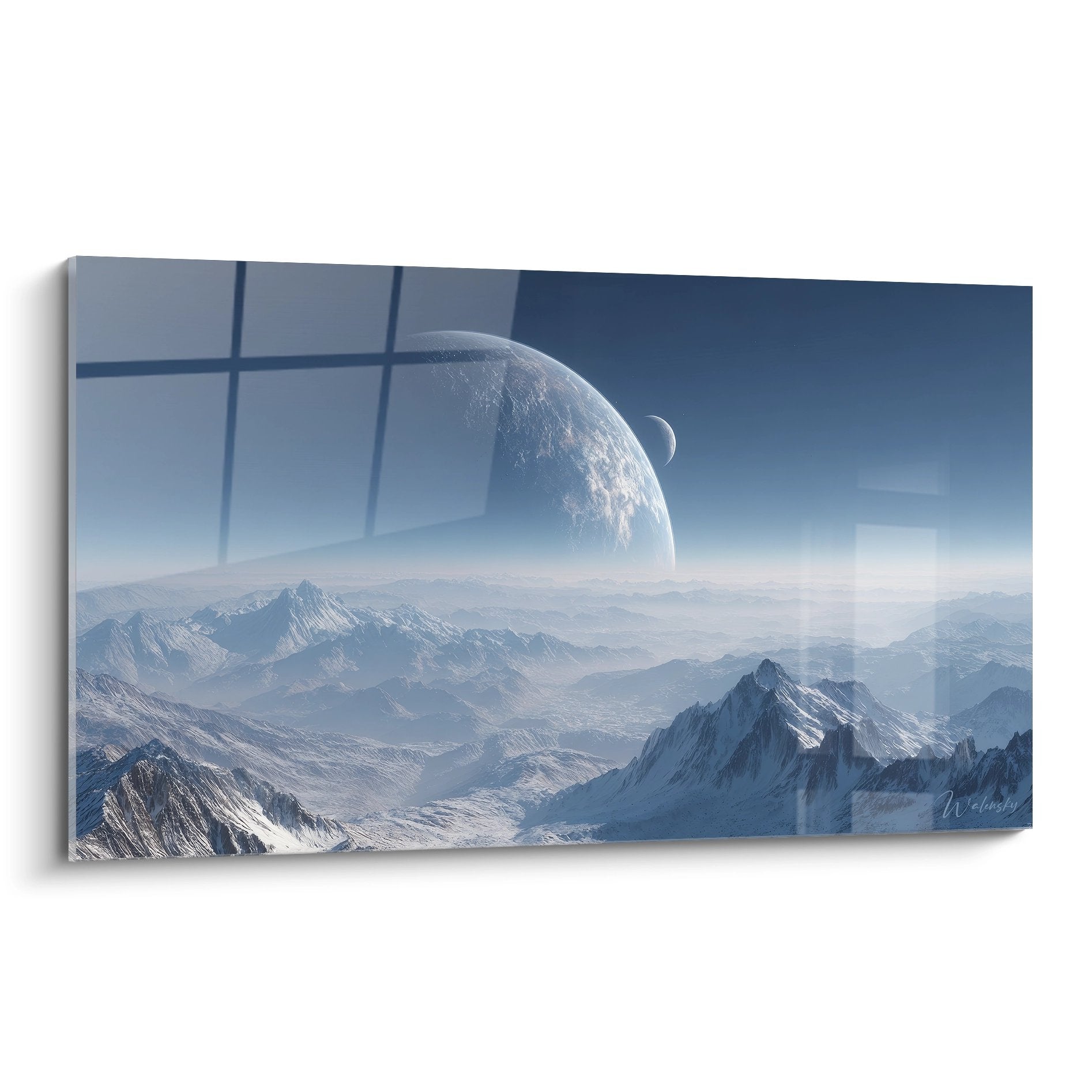 Tableau mural planète extraterrestre avec montagnes enneigées et ciel cosmique bleu pour décoration spatiale