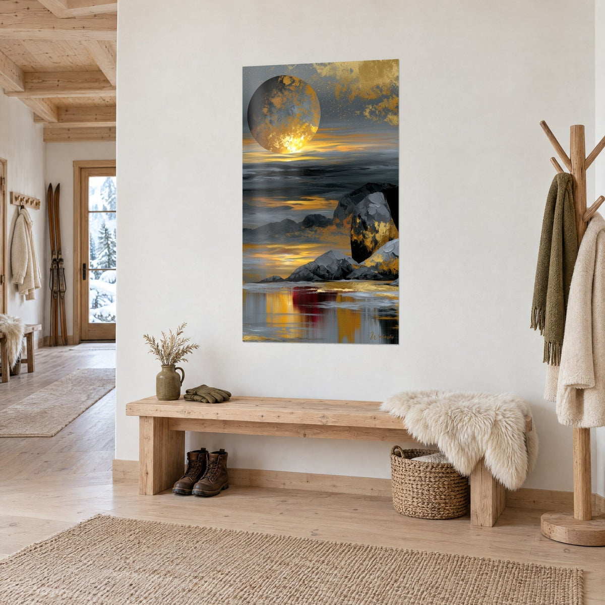 Wall art ochre and ash-grey moon over a rocky shoreline, sky of gold and silver, hung in a hallway with light wood