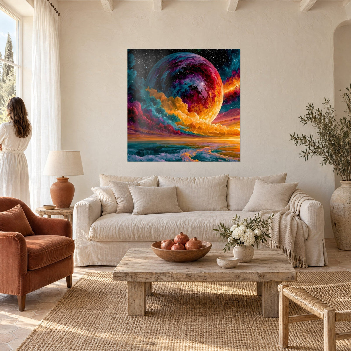 Tableau astre pourpre voilé de nuages orangés sur ciel étoilé, reflets turquoise, au-dessus d'un canapé dans un salon lumineux