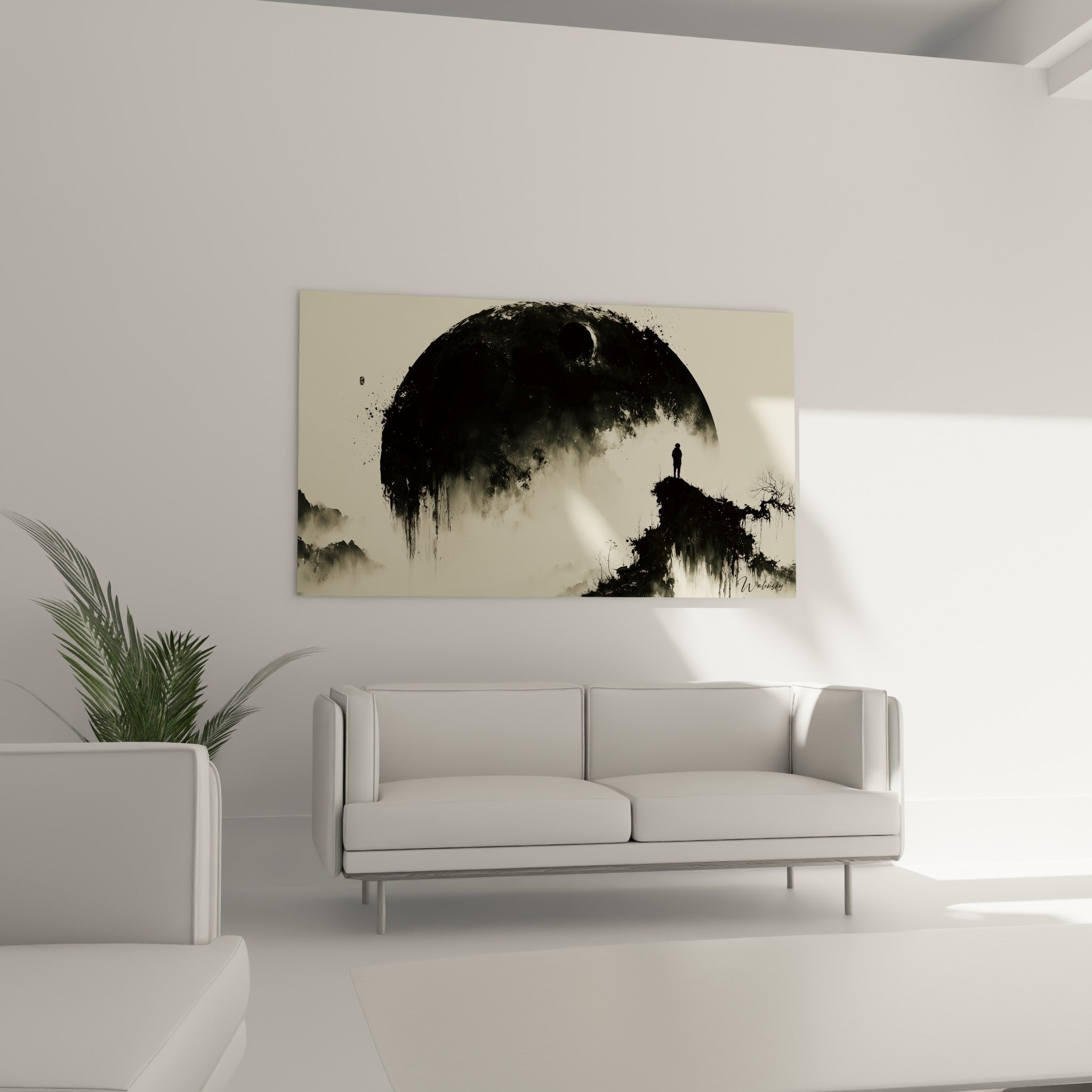 Planète noire craquelée sur fond beige sablé, figure humaine minuscule, au-dessus d'un canapé dans un salon lumineux