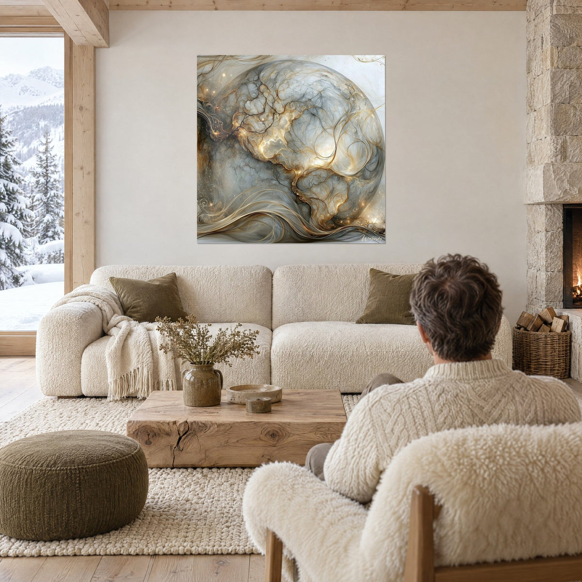 Tableau globe nacré aux filaments d'or, gris perle et ocre, au-dessus d'un canapé dans un salon lumineux
