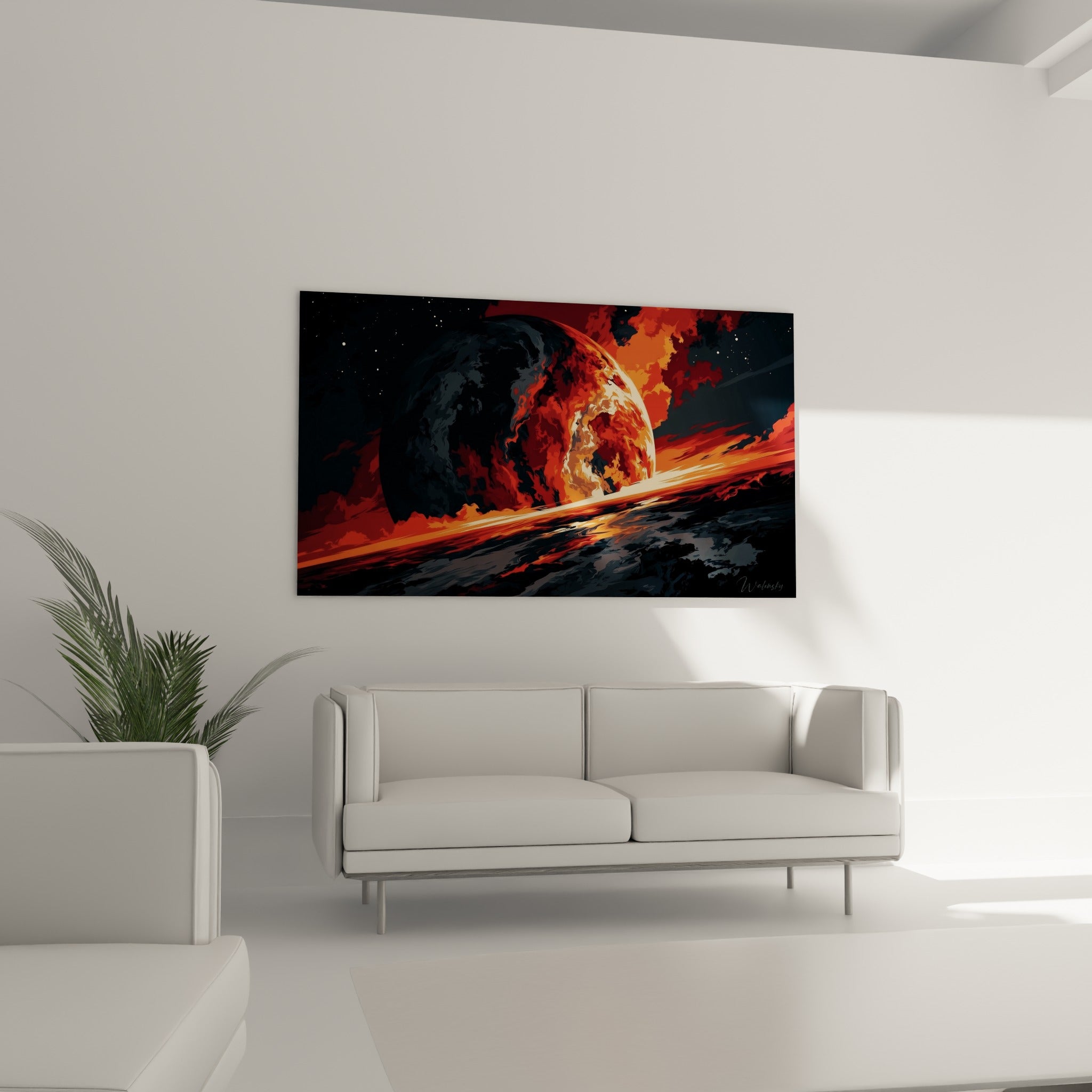 Sphère en flammes rouge et orangée se détachant sur un fond noir étoilé, au-dessus d'un canapé dans un salon lumineux