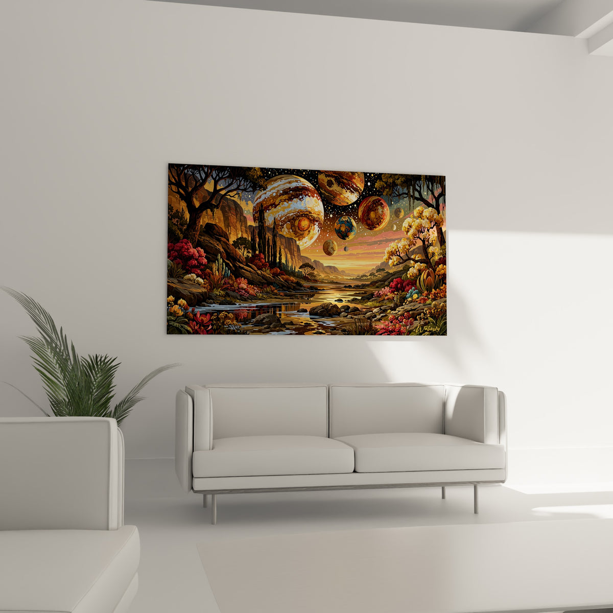 Planète fauve et rivière argentée traversent un paysage floral, au-dessus d'un canapé dans un salon lumineux.