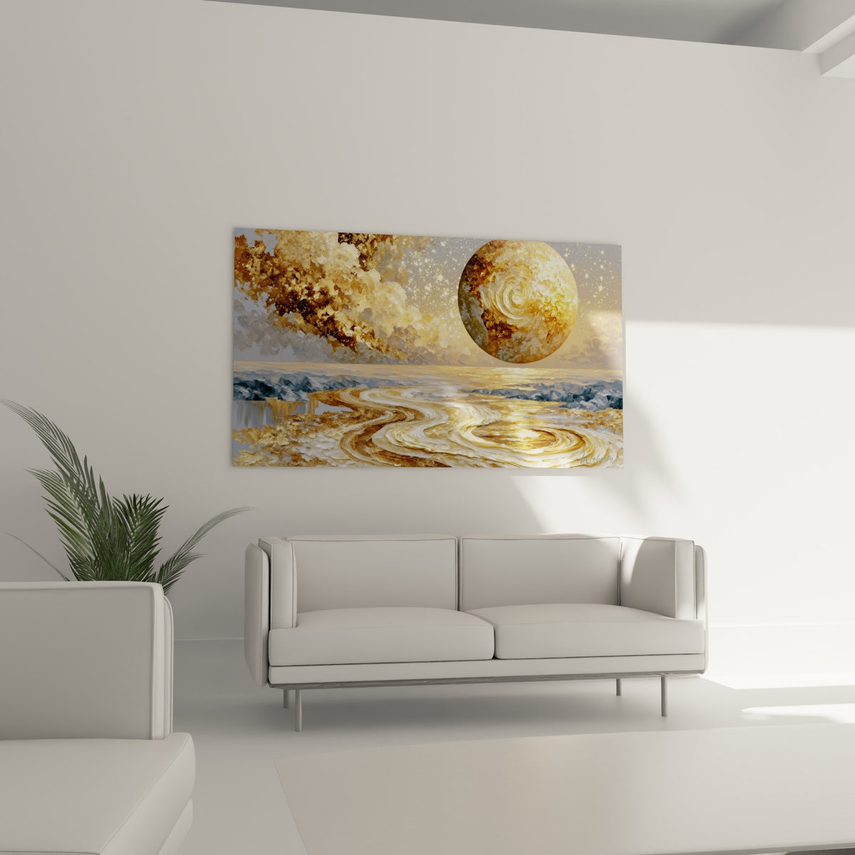 Astre doré aux reflets ocre flottant sur un fleuve argenté, au-dessus d'un canapé dans un salon lumineux