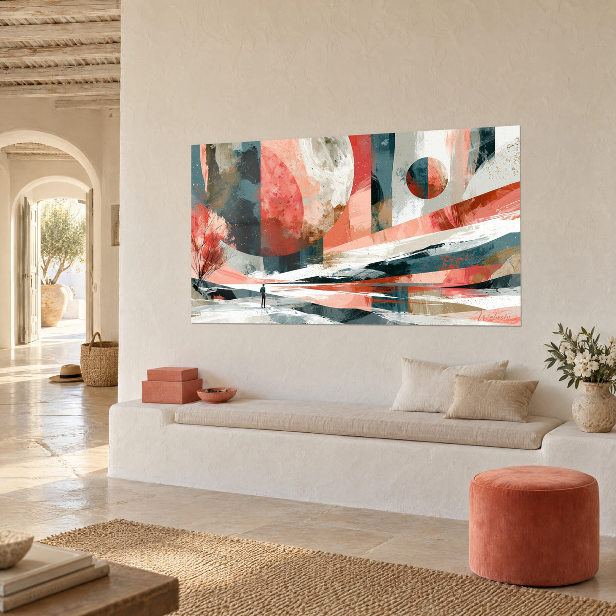 Wall art giant salmon-pink planet on a slate blue background, bare coral tree on the left, white bench and rust-coloured pouf in three-quarter view