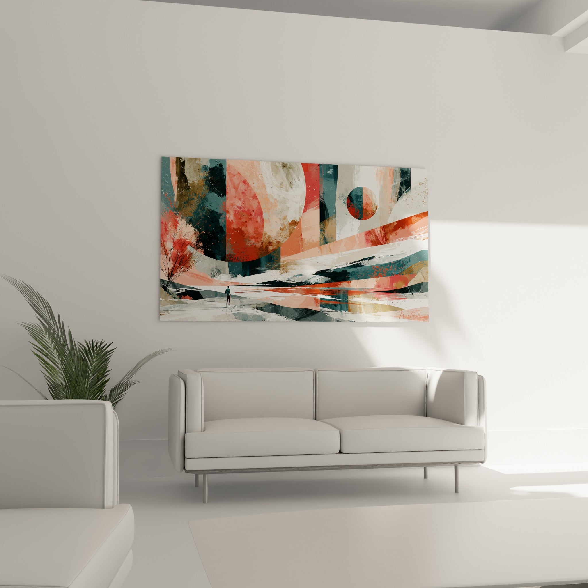 Formes géométriques corail et bleu pétrole entourant une silhouette, tableau Planète au-dessus d'un canapé dans un salon lumineux