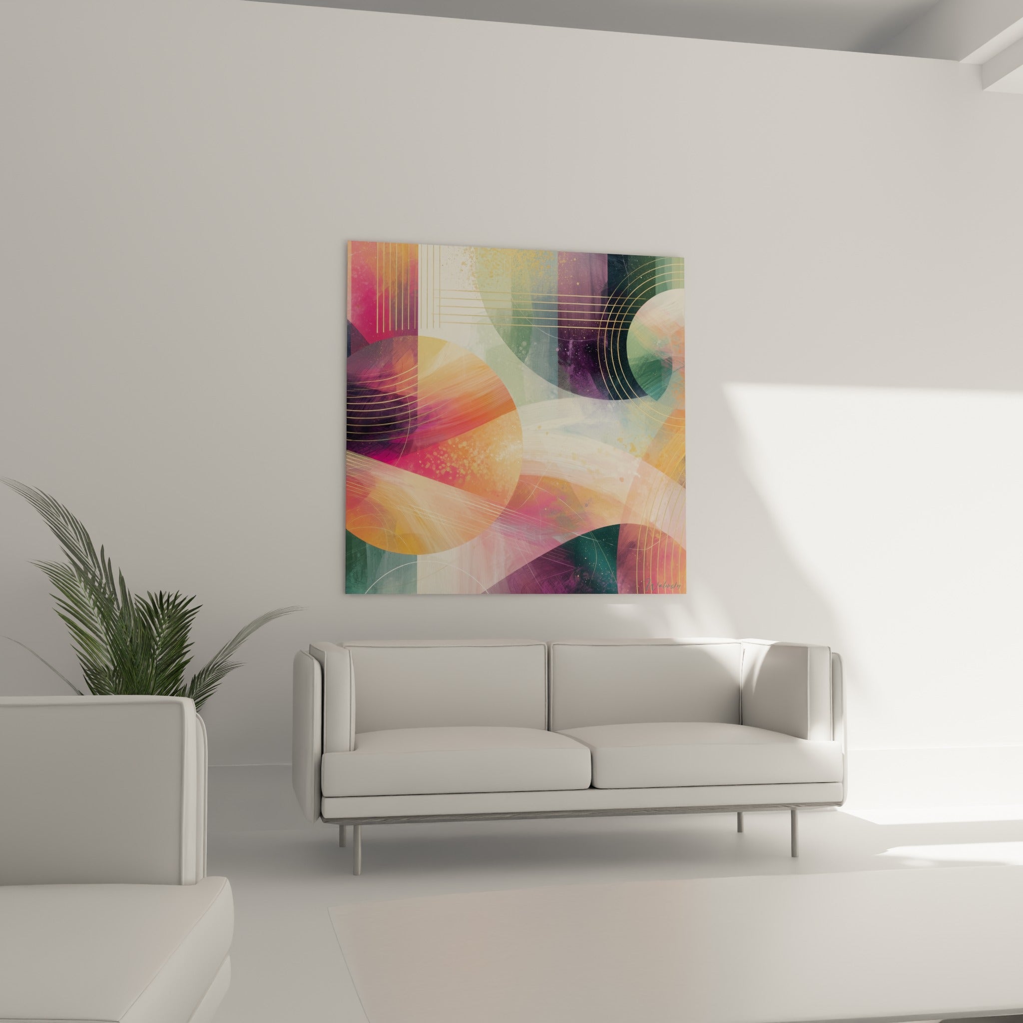 Formes Planète roses et vertes entrelacées au-dessus d'un canapé dans un salon lumineux