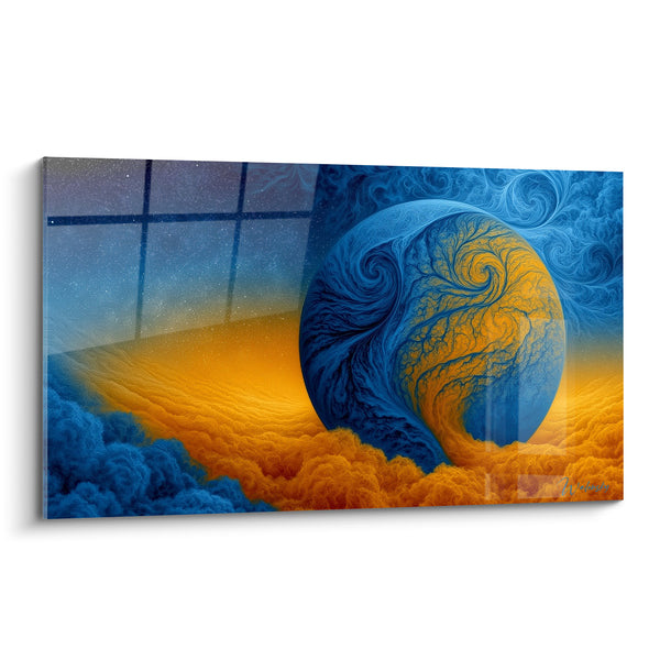 Leinwand Wirbelnde blaue und orangefarbene Sphäre mit ätherischen Wolken - Sternenhimmel im Raster - Edition Planet