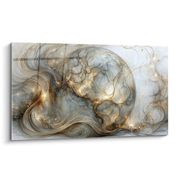 Tableau Globe terrestre gris et doré aux volutes filamenteuses - Continents lumineux fractals - Edition Planète