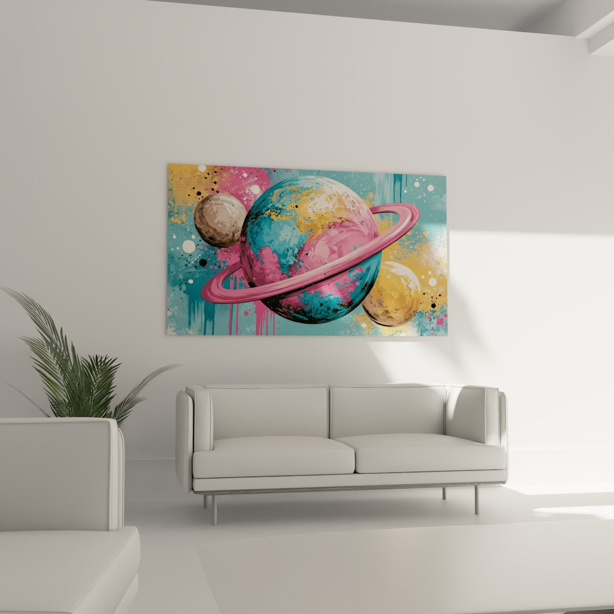 Anneaux roses et surface turquoise d'une planète éclaboussée d'or, au-dessus d'un canapé dans un salon lumineux