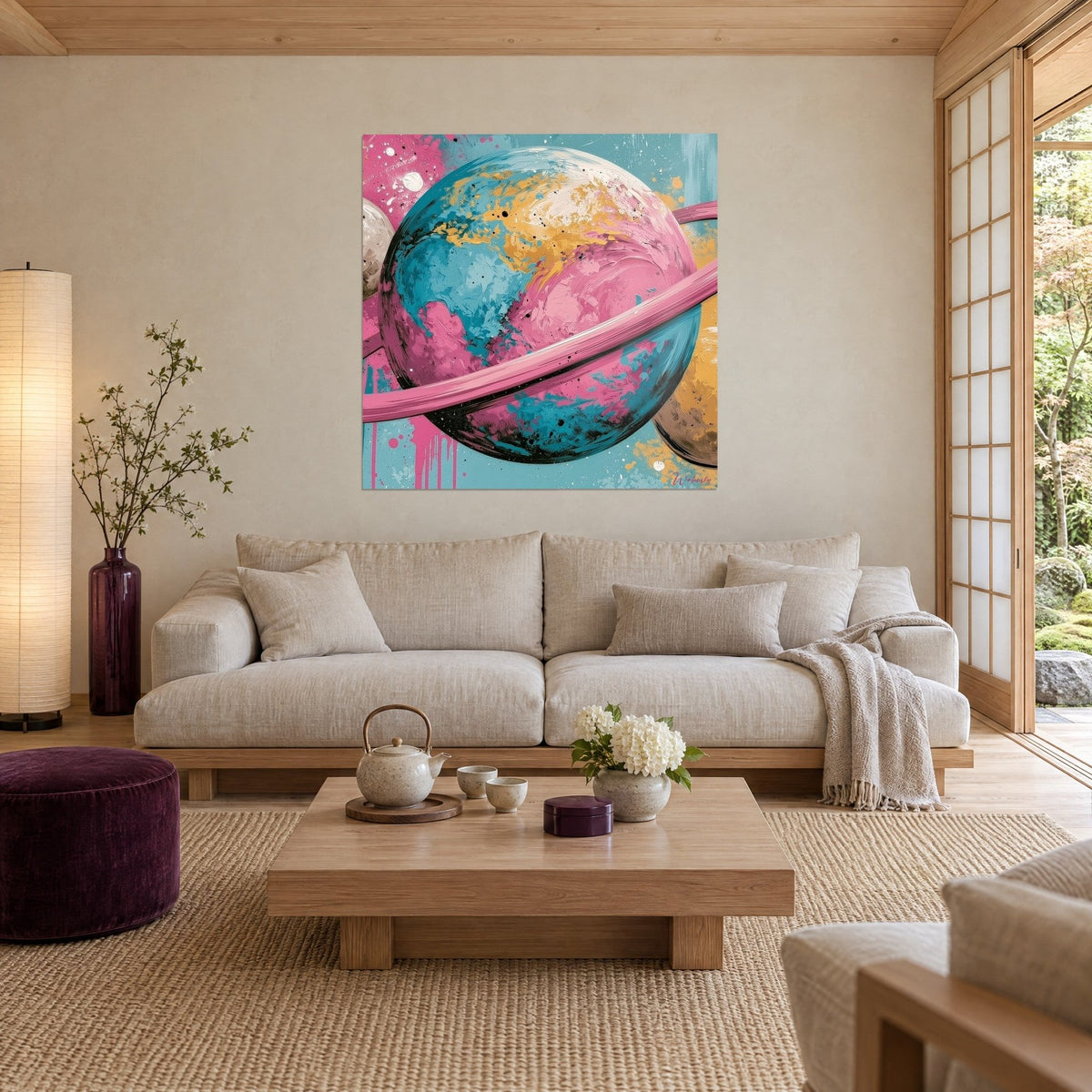 Tableau planète rose et turquoise cerclée d'un anneau satiné, éclaboussures dorées, au-dessus d'un canapé dans un salon lumineux