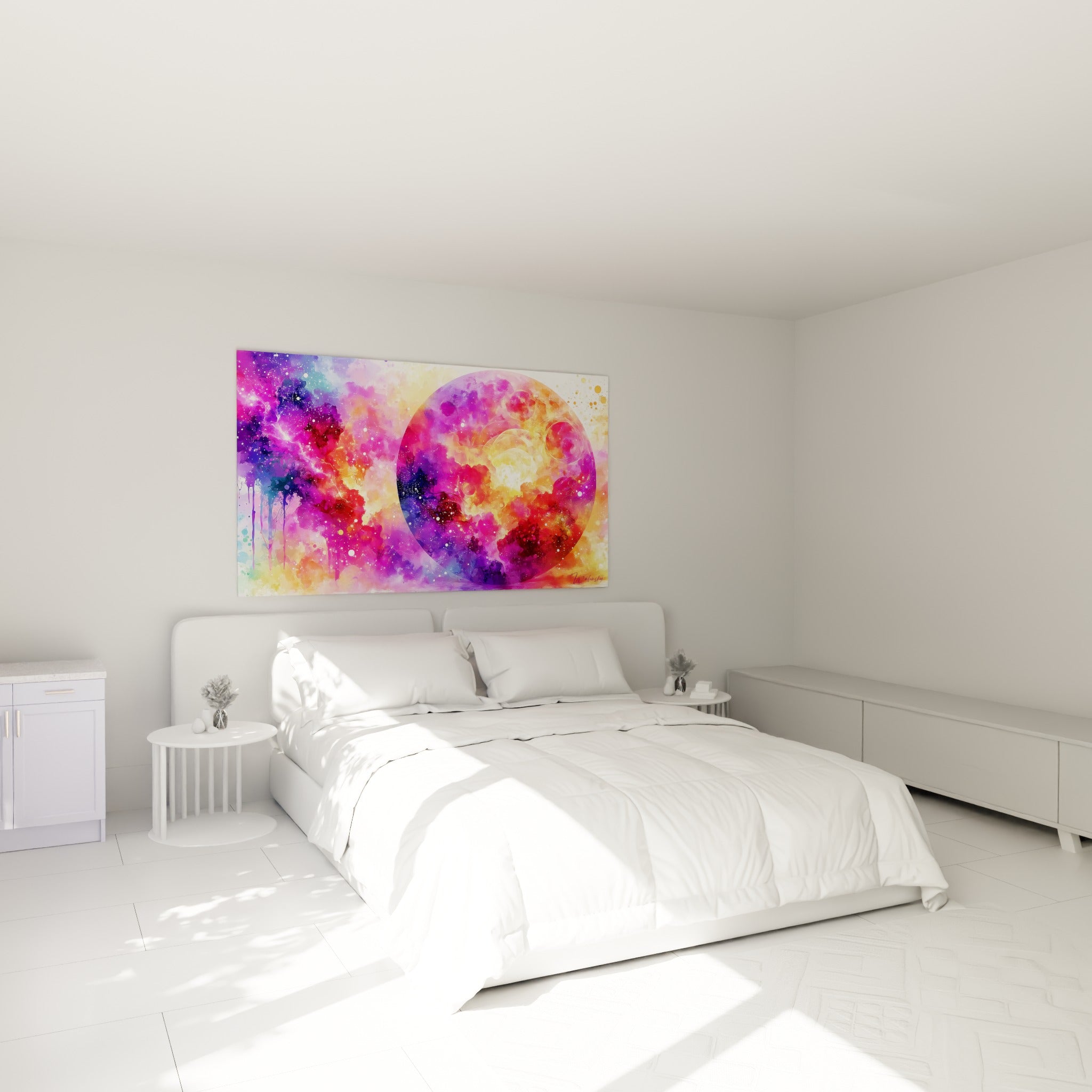 Planète abstraite rose fuchsia et violette au-dessus d'un lit dans une chambre claire