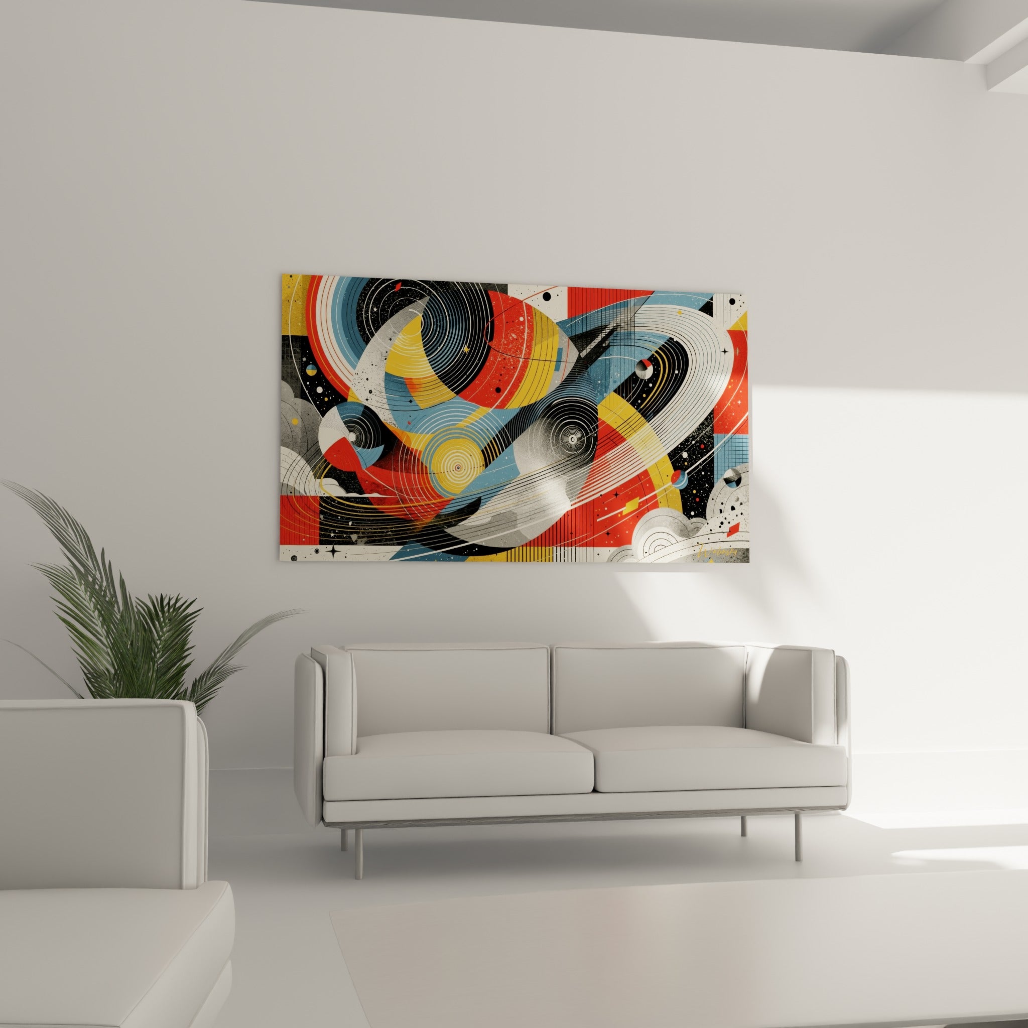 Composition cosmique en spirales noires et rouges, suspendue au-dessus d'un canapé dans un salon lumineux