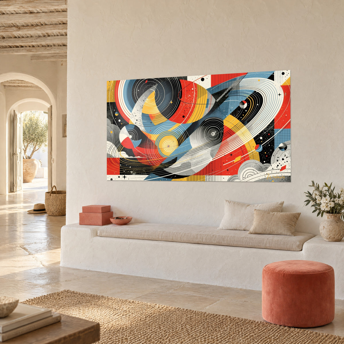 Tableau voyage cosmique en spirales noires et blanches, éclats jaune moutarde et rouge vif, sur mur crépi près d'une banquette