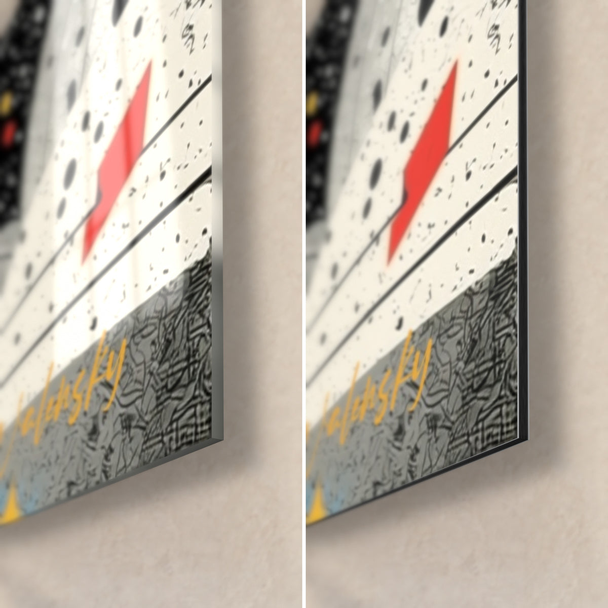Tableau engin spatial graphique, coin bas droit : éclat rouge et points noirs sur fond crème, verre brillant et Dibond mat